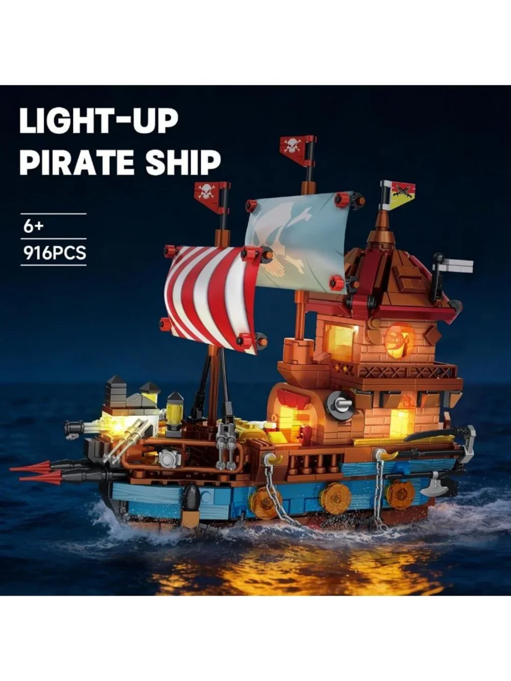 LED Lighted Pirate Ship Building Kit - 916PCS Blocks Set with Treasure Chest